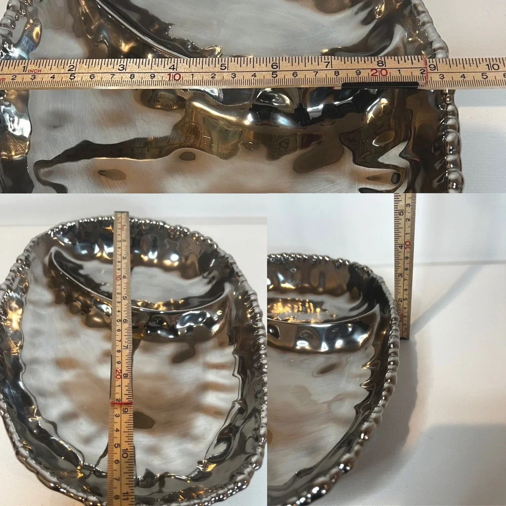 Metallic Silver Ceramic Serving Bowl Chip Dip Tray Divided Dish Appetizer Modern